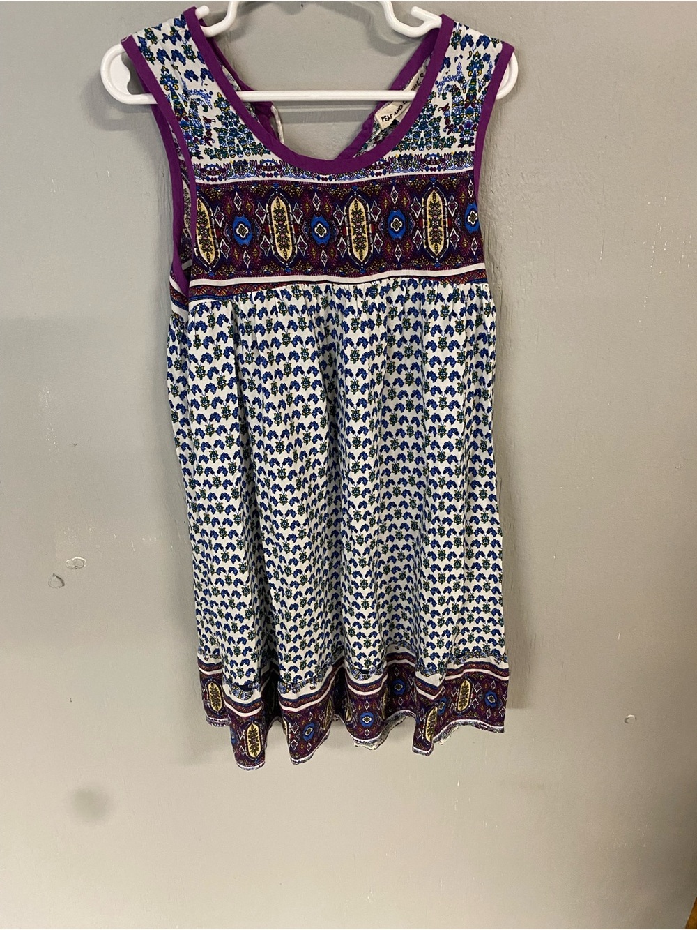 Girls' Sleeveless Printed Dress with Purple Trim, Pea  & Queues